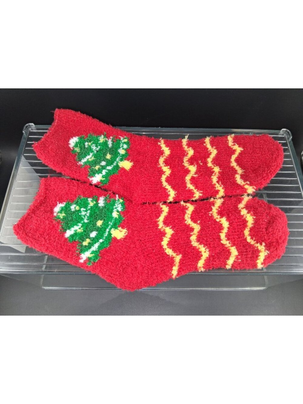 Red Holiday Fuzzy Socks With Christmas Tree Design
